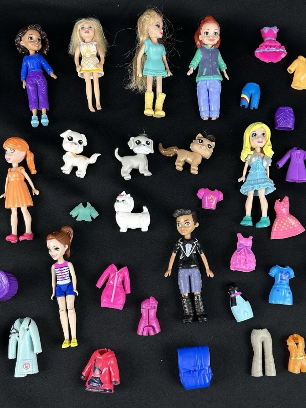 Mattel Polly Pocket 4" Dolls Lot of 8 with Rubber Clothing, Pets & Accessories